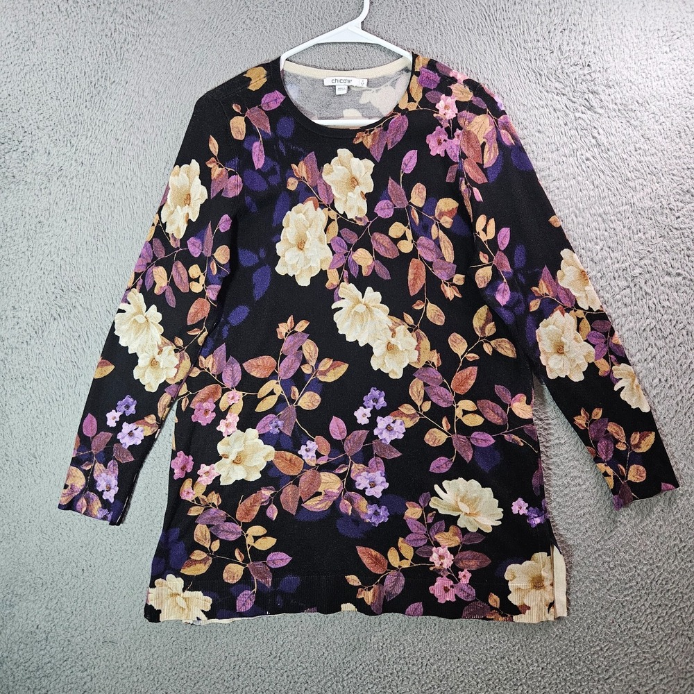 Chico's Tunic Knit Top Women Size 1 Medium Floral Print Dark Purple Brown